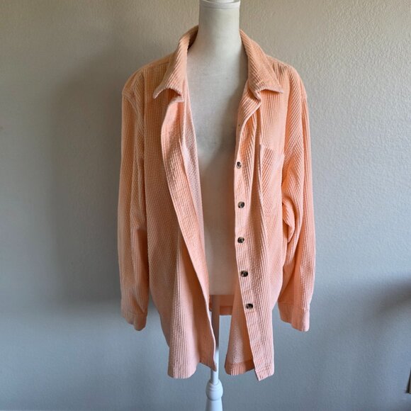 LL Bean Shirt Jacket Womens 2X Corduroy Deep Peach Button Front Pocket Shacket - Picture 3 of 9